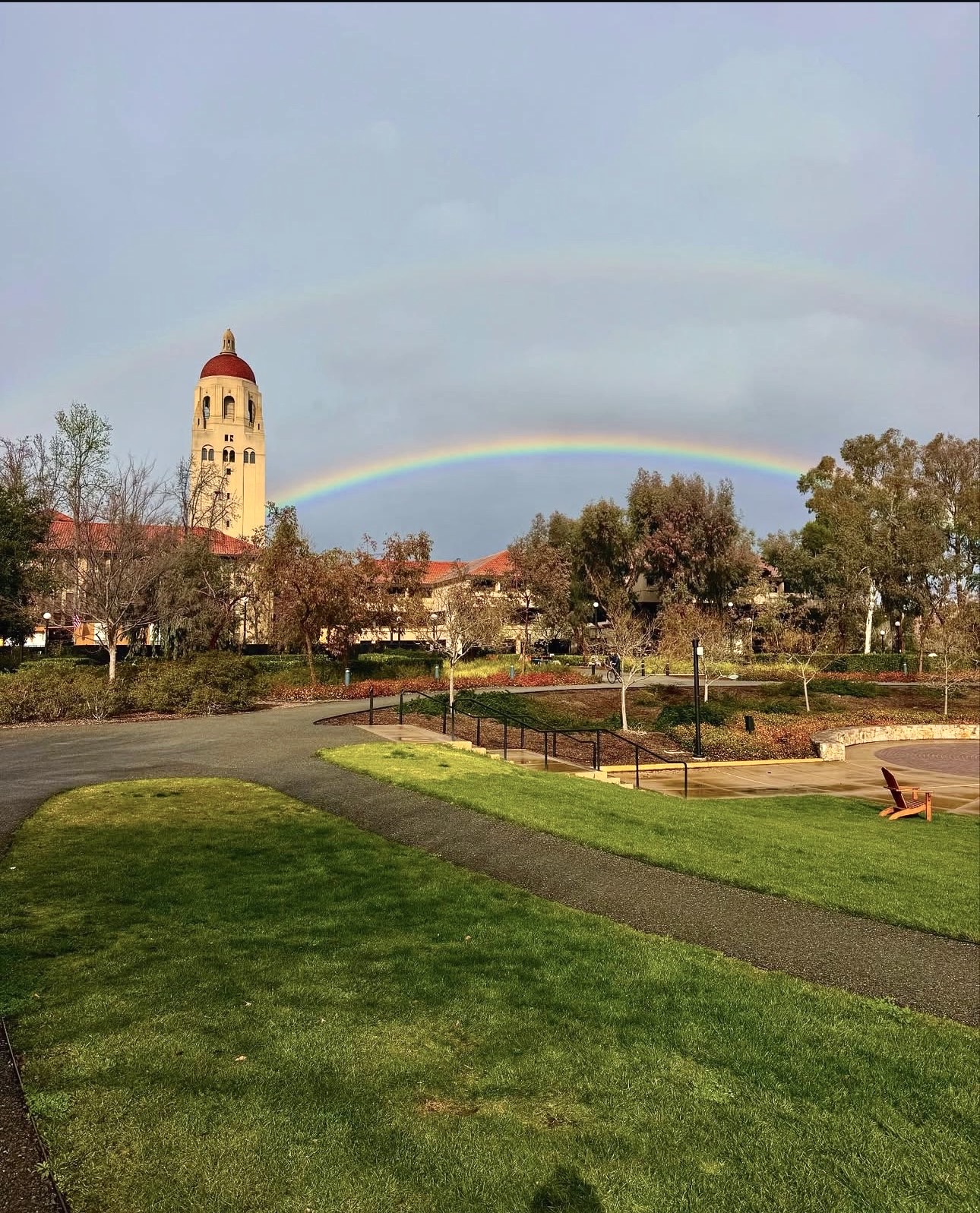 Stanford rainbow over Hoover Tower